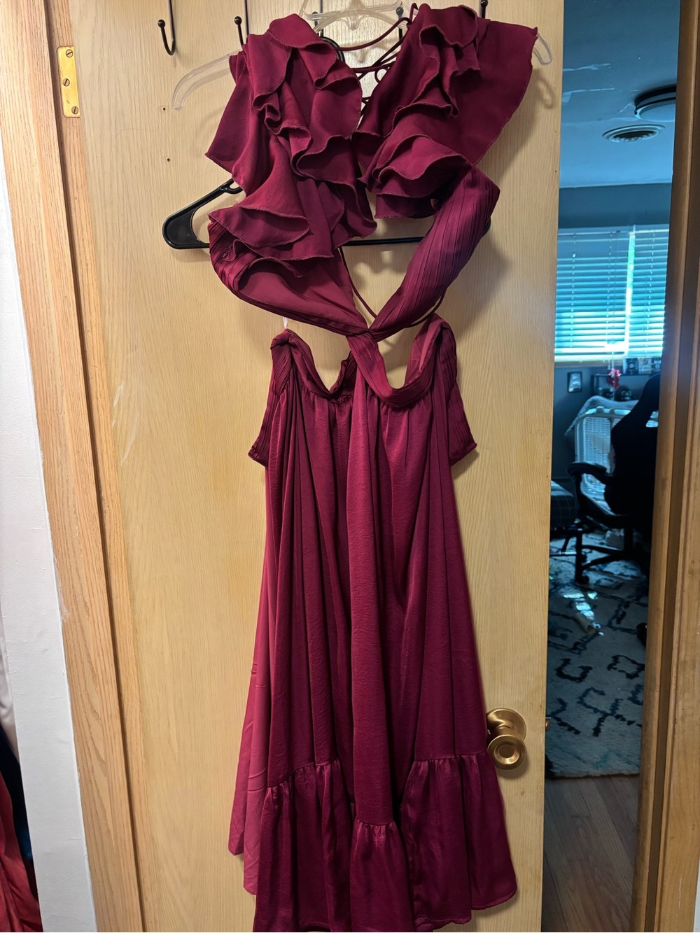 Lulu's Burgundy Ruffle Maxi Dress with Open Back
